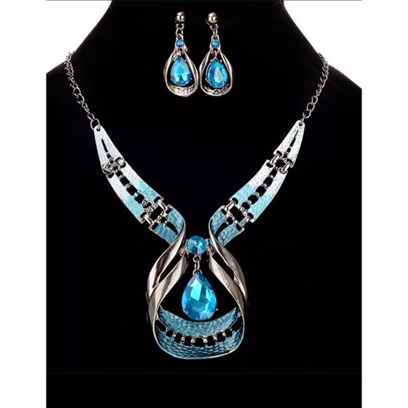 NEW Aqua Blue Topaz Rhinestone Enamel 16" 18" 20" Necklace Earrings Set JU11 - Picture 2 of 5